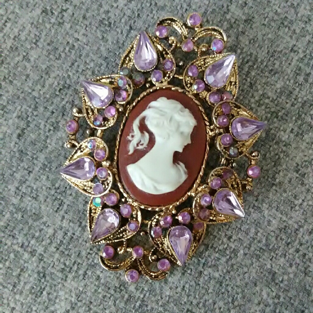 Elegant Cameo Brooch with Inlaid Purple Gems